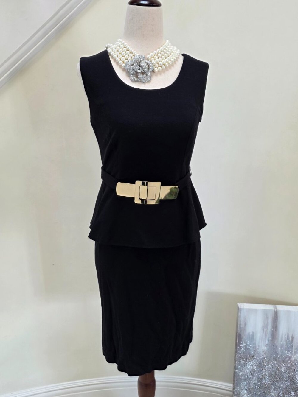 Alfani Petite Black Peplum Dress | Gold Statement Belt & Back Zip 4 Petite